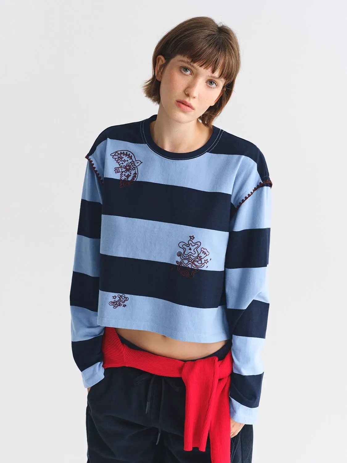 Embroidered Striped Crew Neck Long Sleeve Cotton T-Shirt