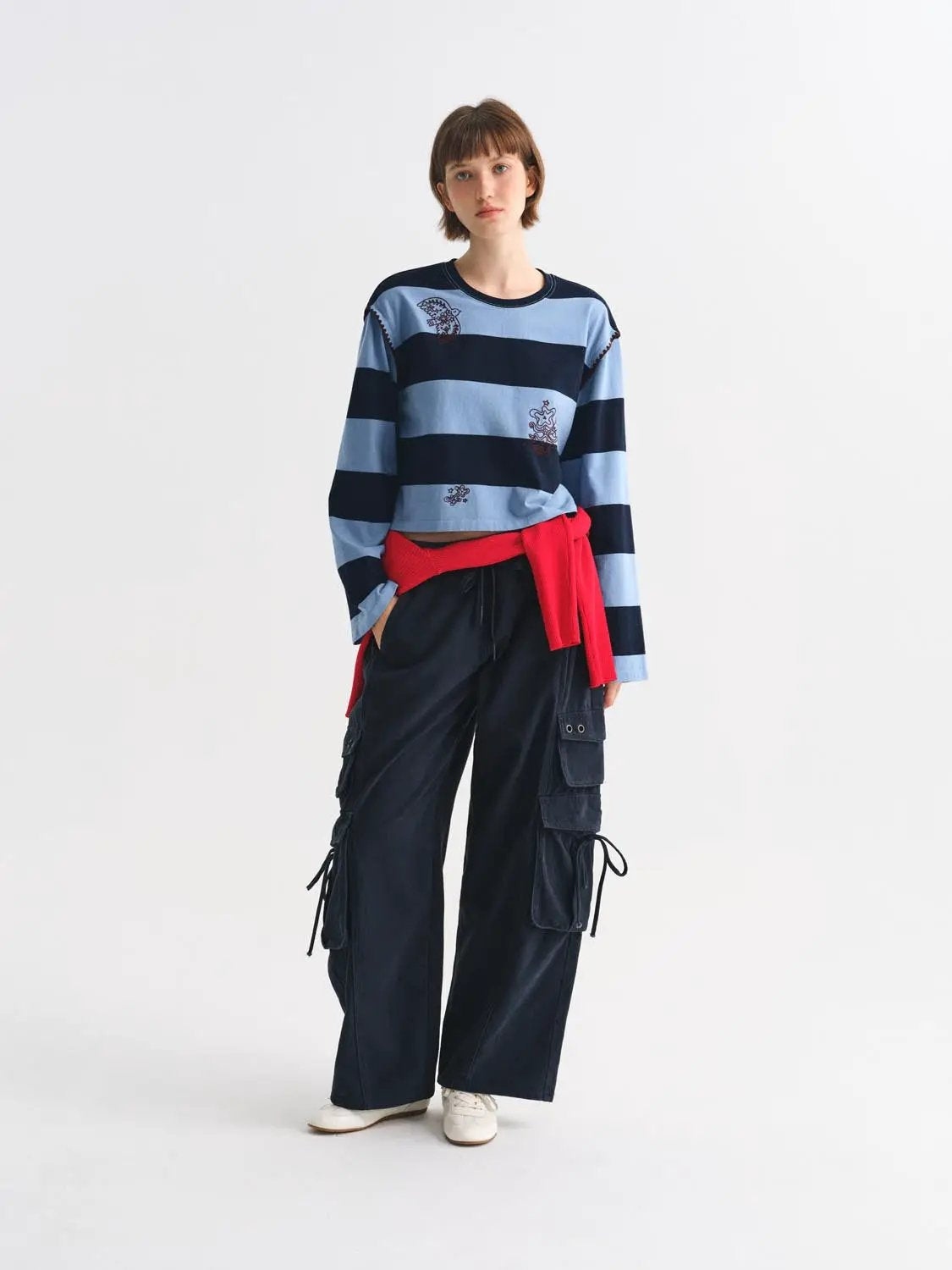 Embroidered Striped Crew Neck Long Sleeve Cotton T-Shirt