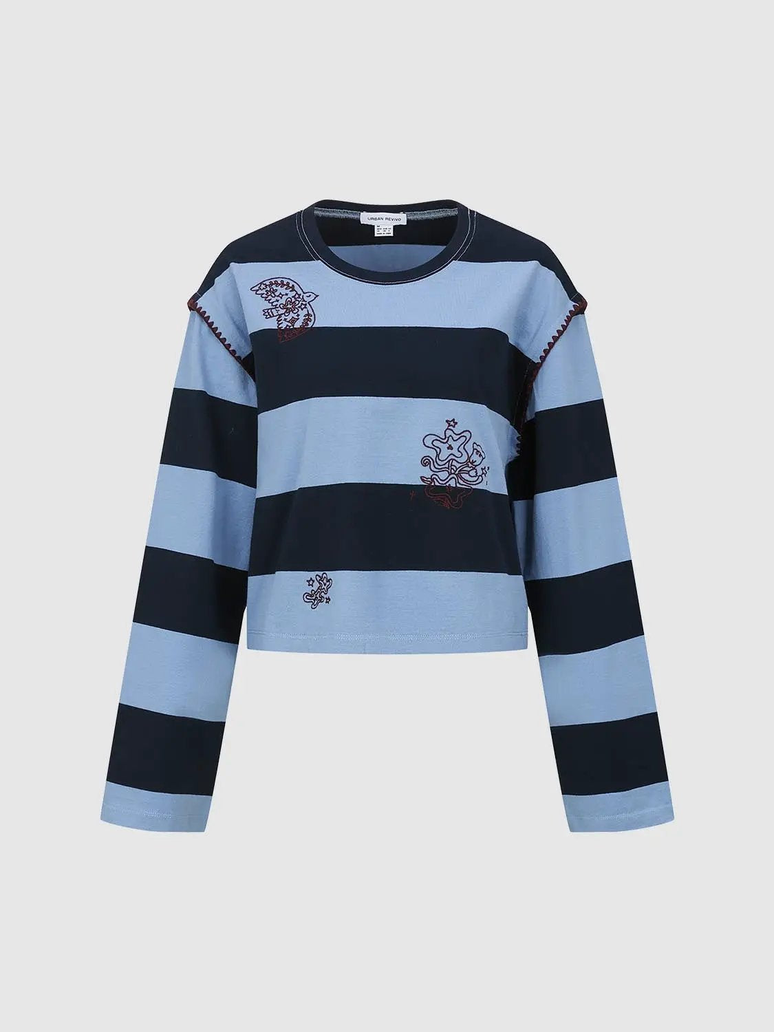 Embroidered Striped Crew Neck Long Sleeve Cotton T-Shirt