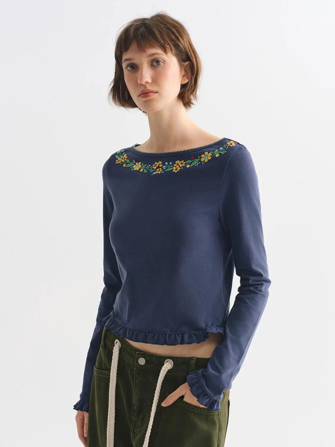 Floral Embroidered Ruffle Hem Long Sleeve Cotton Blend T-Shirt