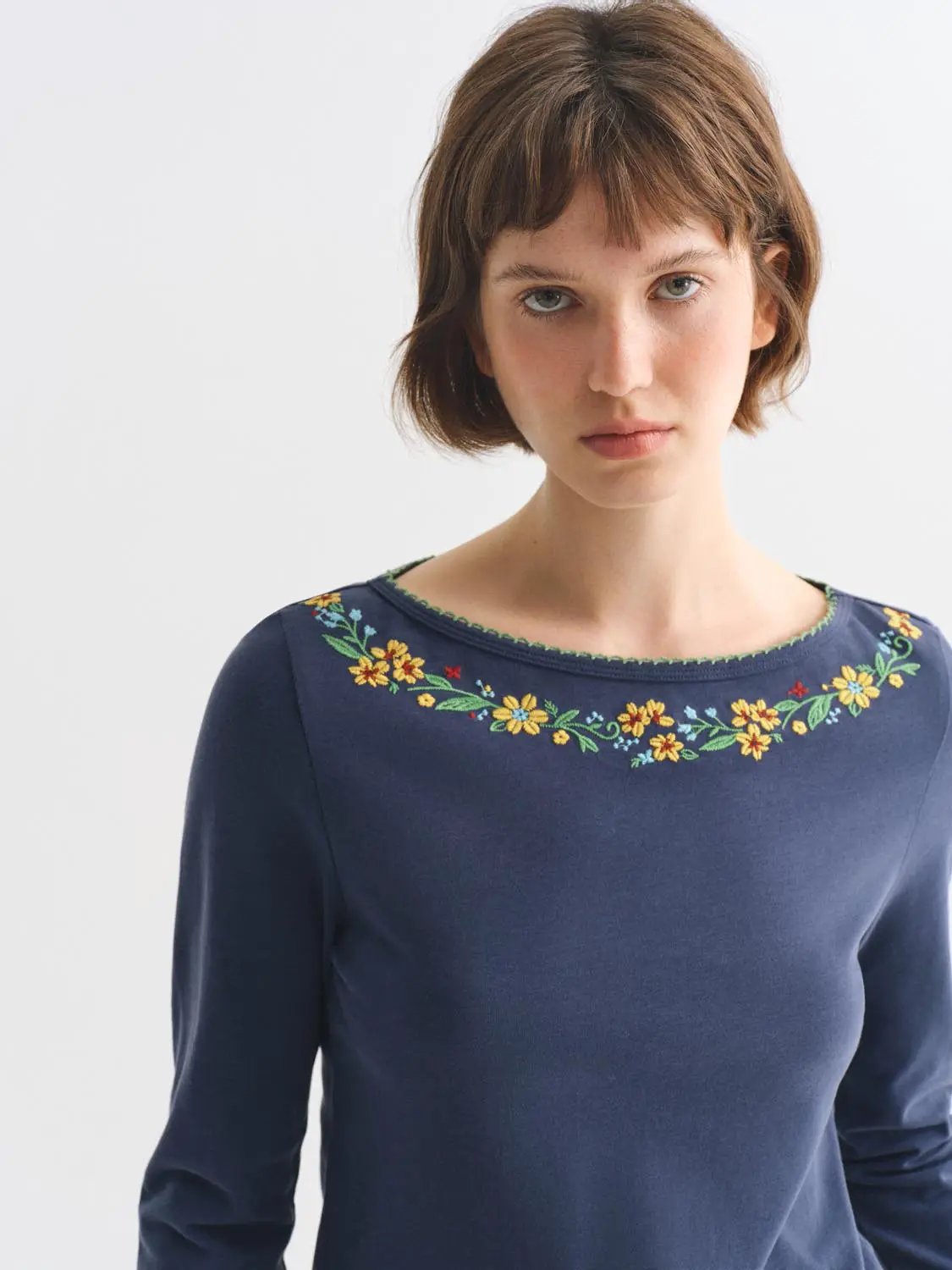 Floral Embroidered Ruffle Hem Long Sleeve Cotton Blend T-Shirt