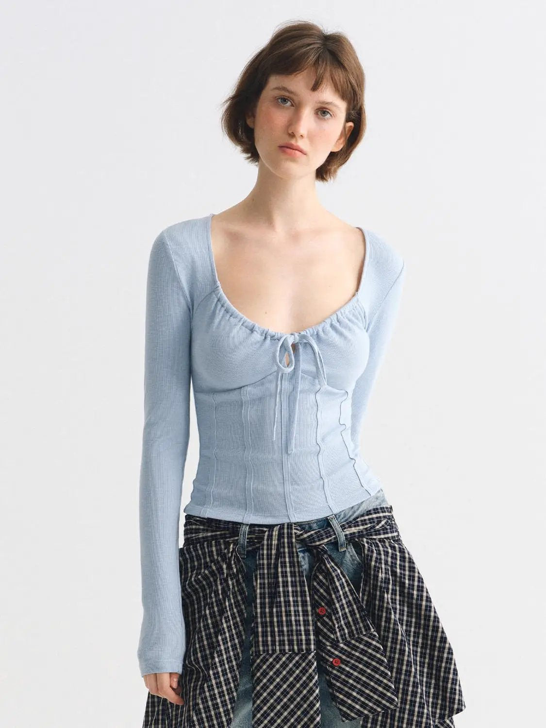 Ribbed Long Sleeve Square Neck Tie Front T-Shirt