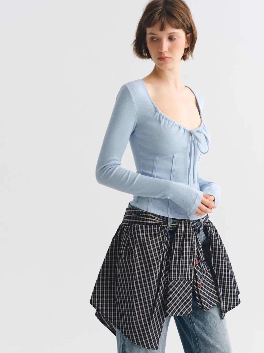 Ribbed Long Sleeve Square Neck Tie Front T-Shirt
