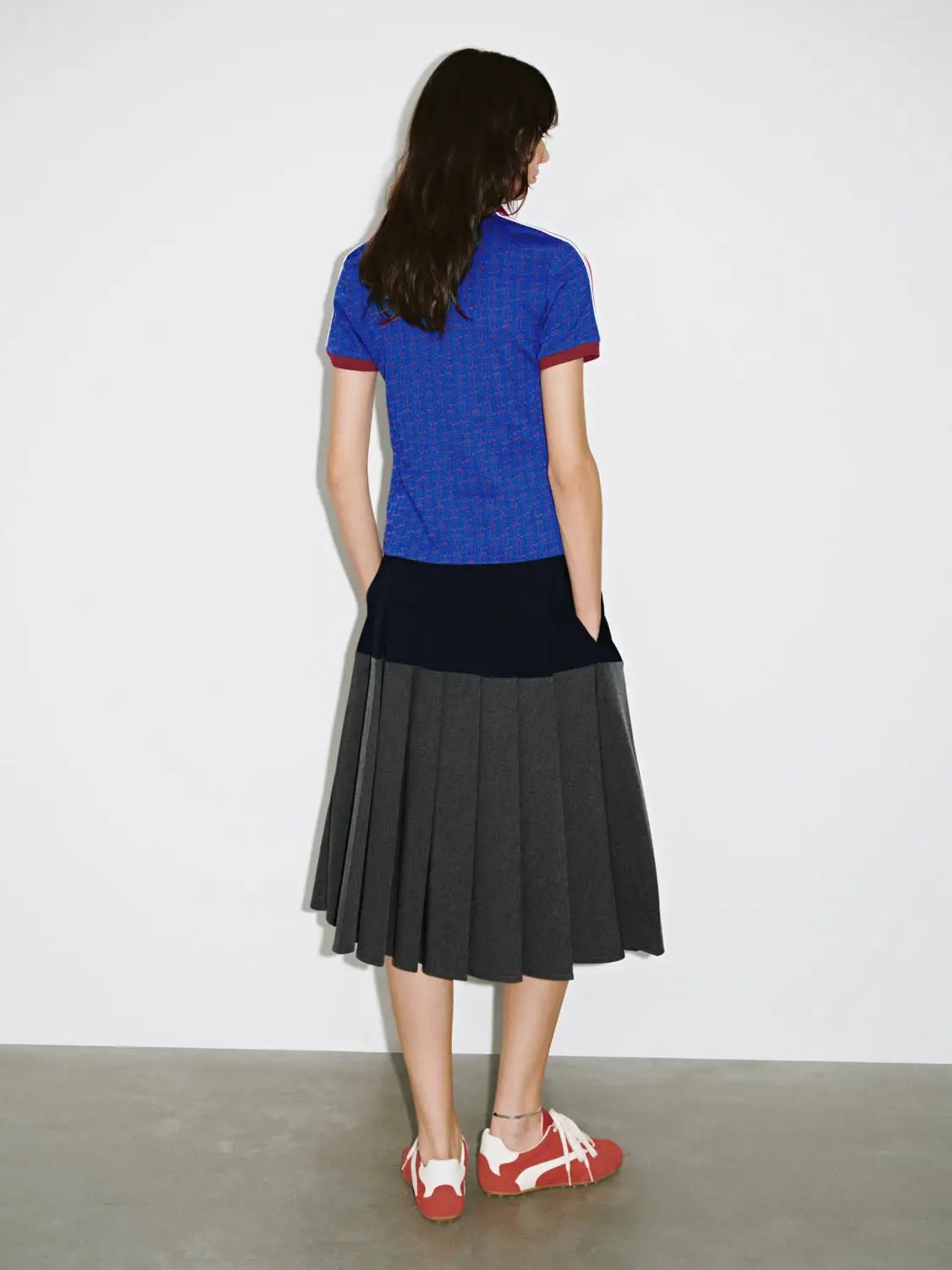 Color Block Drawstring Waist Pleated A Line Midi Skirt