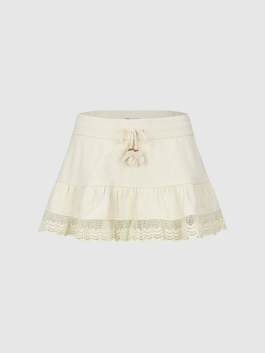 Tiered Lace Hem A-Line Elastic Waist Mini Cotton Skirt