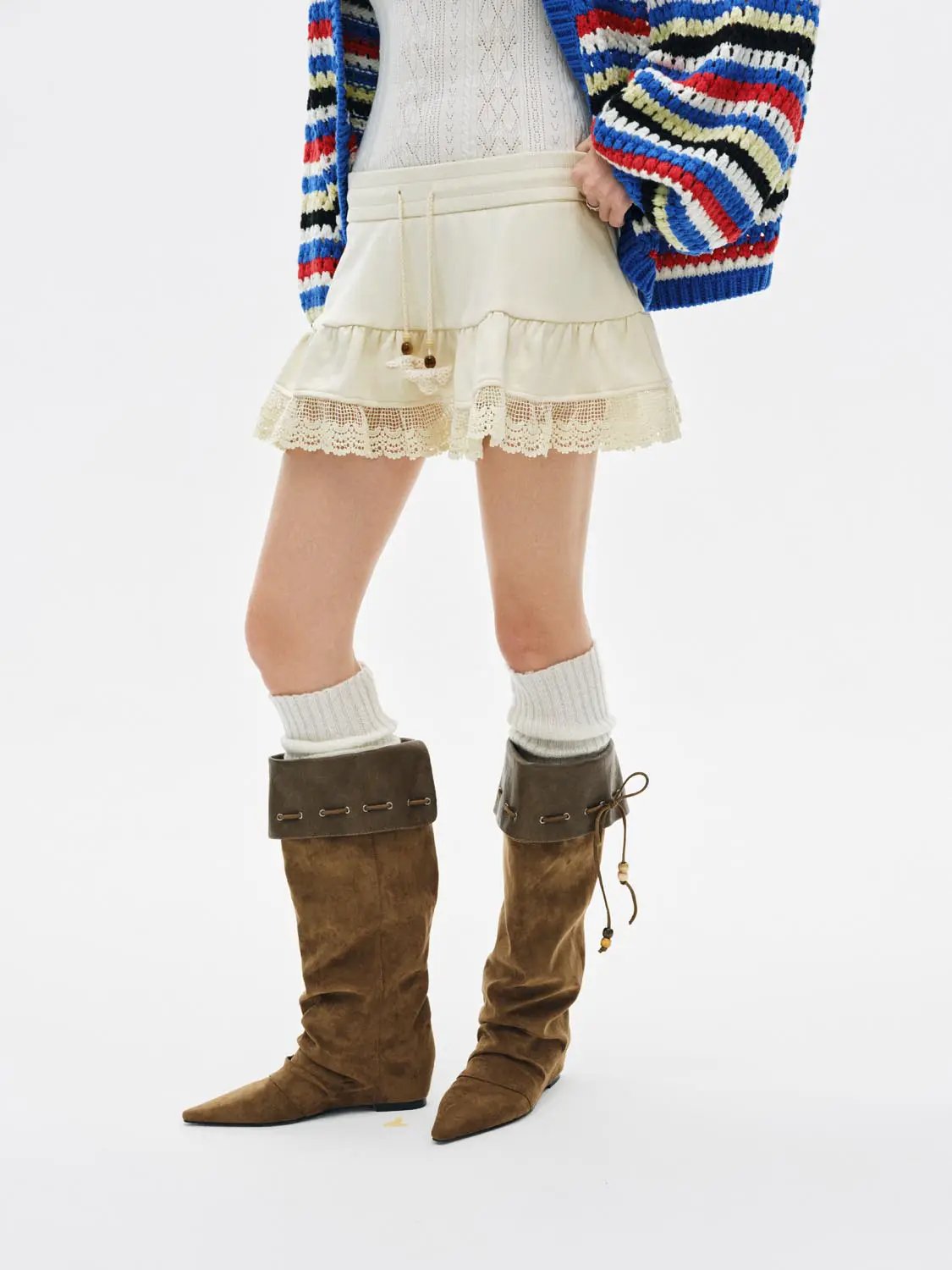 Tiered Lace Hem A-Line Elastic Waist Mini Cotton Skirt
