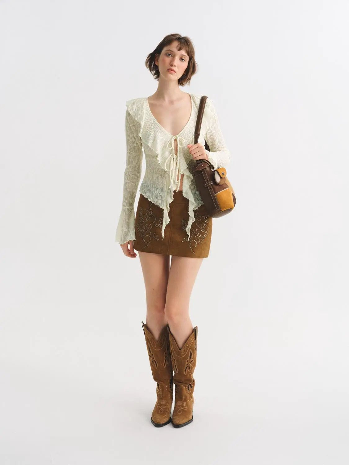 Studded Floral A-Line High-Waisted Mini Textured Skirt