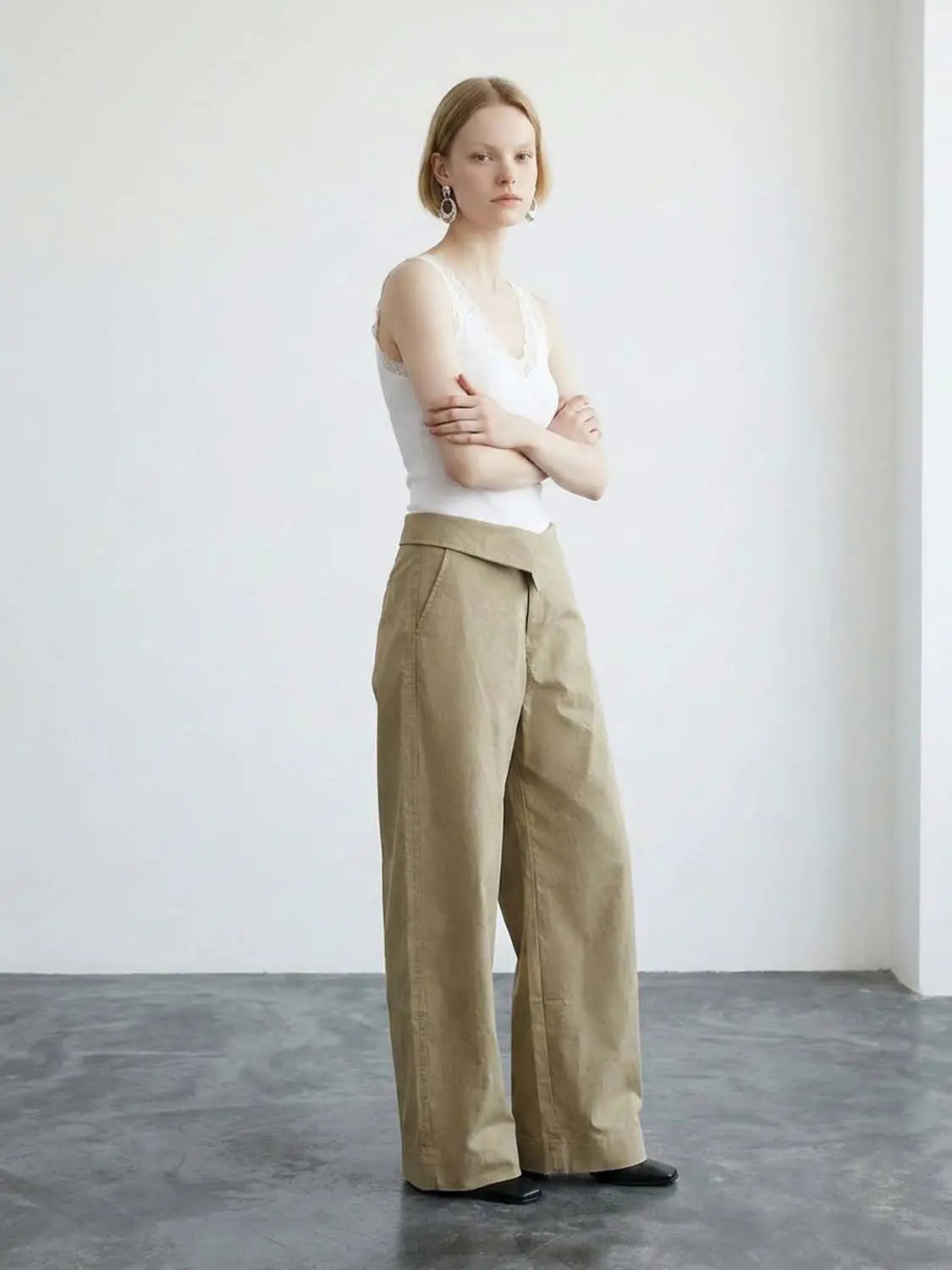Twill Fold Over Waistband Barrel Leg Cotton Pants