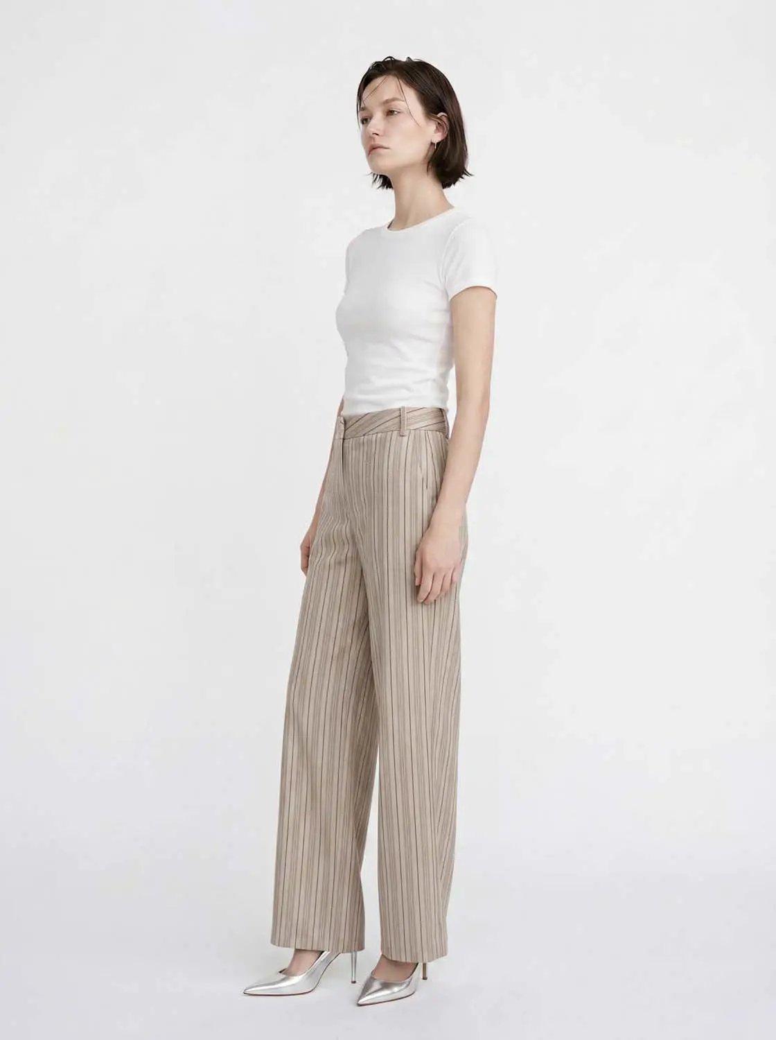 Textured Striped Beige Wide-leg Cotton Pants