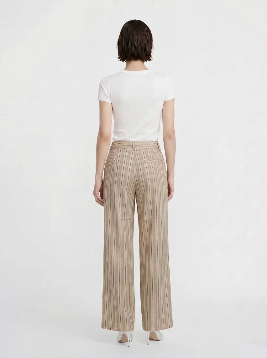 Textured Striped Beige Wide-leg Cotton Pants