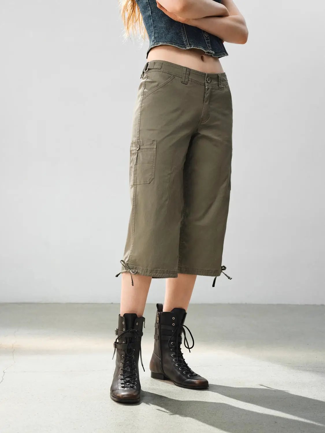 Cotton Wide-leg Cargo Pants Button Front Tie Hem