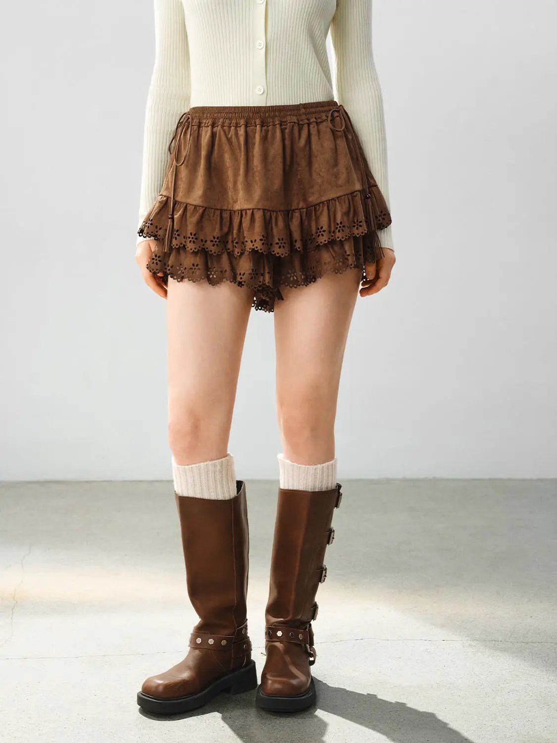 Layered Eyelet Ruffle Drawstring Waist Mini Skort