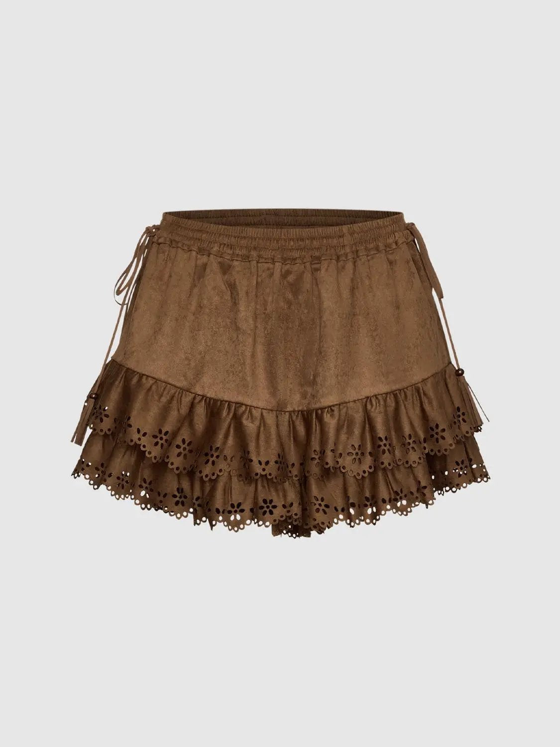 Layered Eyelet Ruffle Drawstring Waist Mini Skort