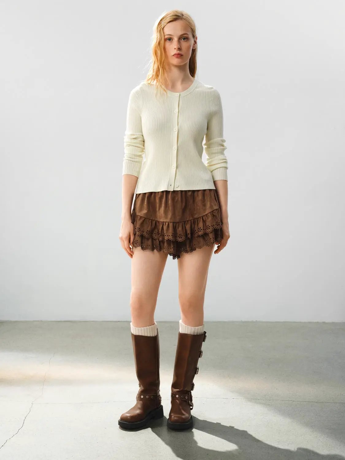 Layered Eyelet Ruffle Drawstring Waist Mini Skort