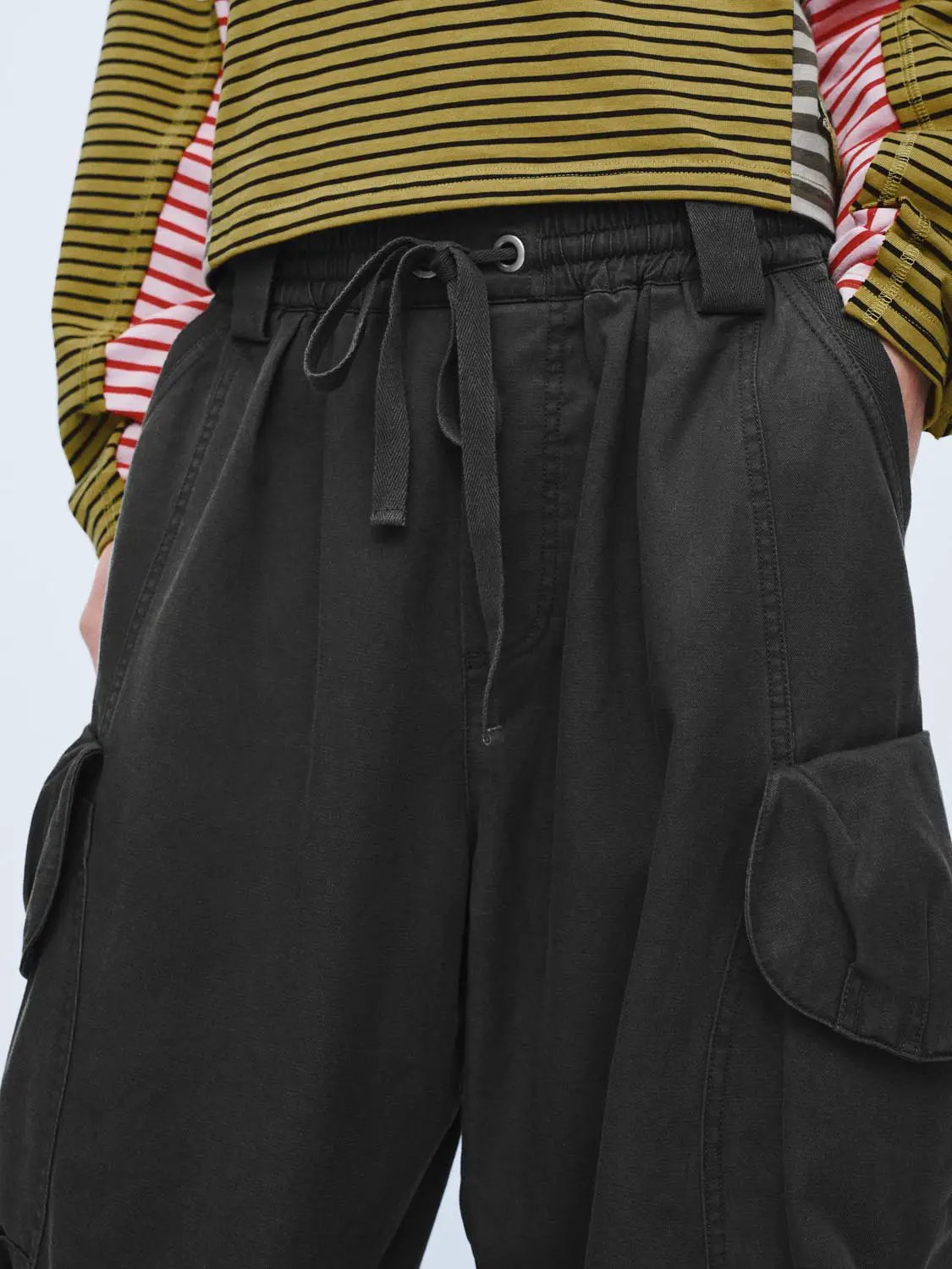 Oversized Drawstring Waist Barrel-Leg Cargo Pants
