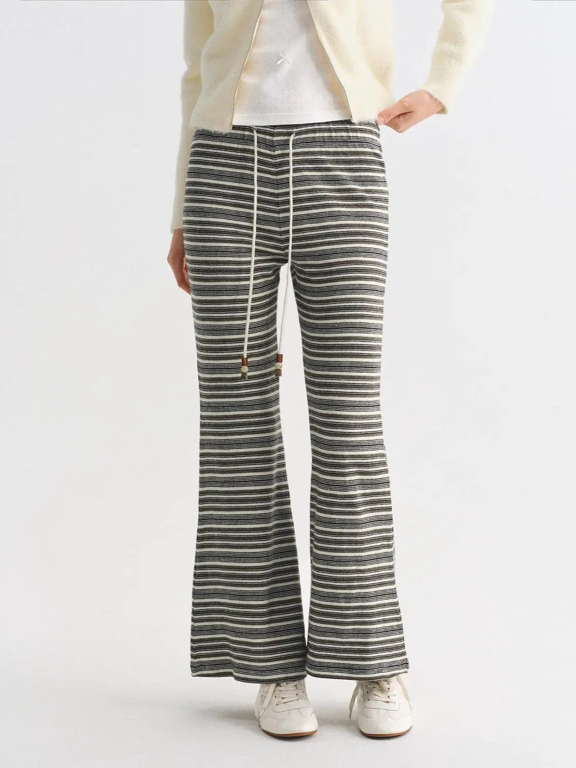 Striped Drawstring Waist Flared Full Length Knit Pants