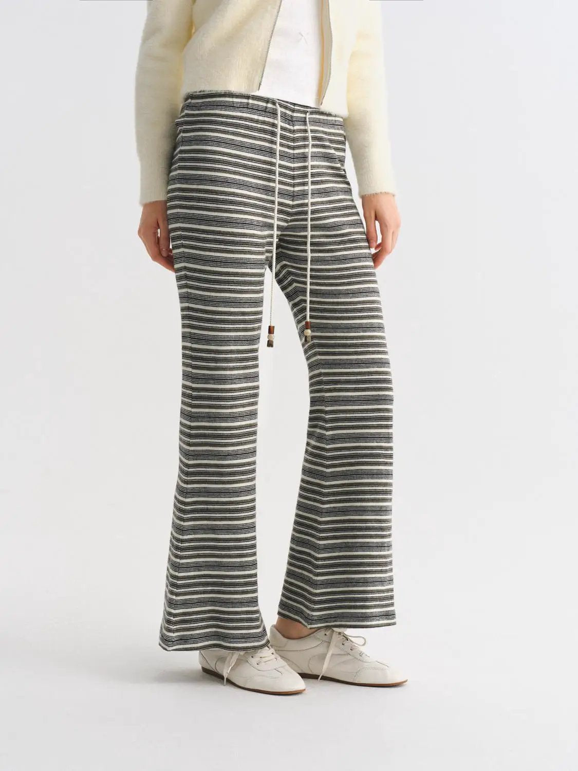 Striped Drawstring Waist Flared Full Length Knit Pants