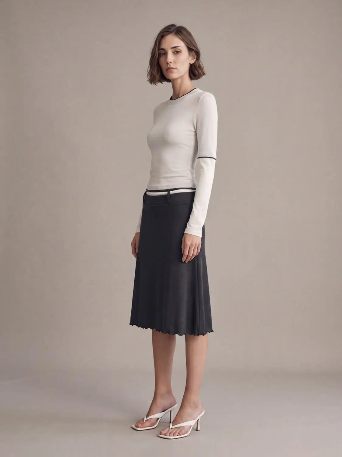 2-In-1 Contrast Trim Crew Neck Long Sleeve Slim Knit Top