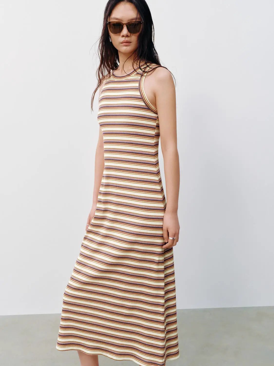 Round Neck Striped Cotton Sleeveless Loose A-Line Midi Dress