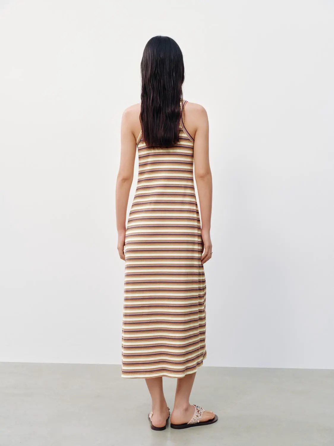 Round Neck Striped Cotton Sleeveless Loose A-Line Midi Dress