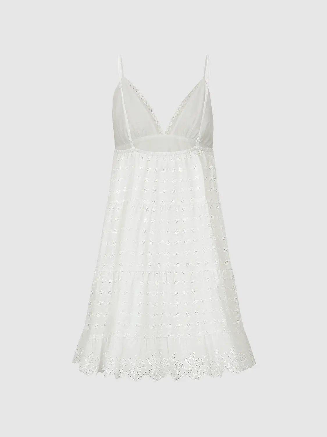Eyelet Tiered Ruffle Sleeveless V-Neck Tie Waist Cotton Dress