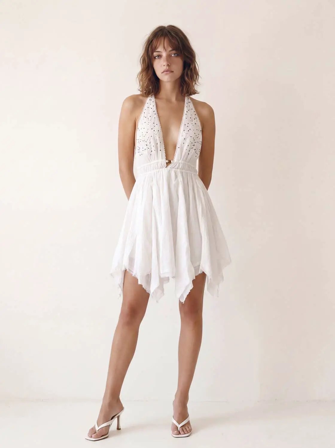 Embroidered A-Line V-Neck Sleeveless Mini Cotton Dress
