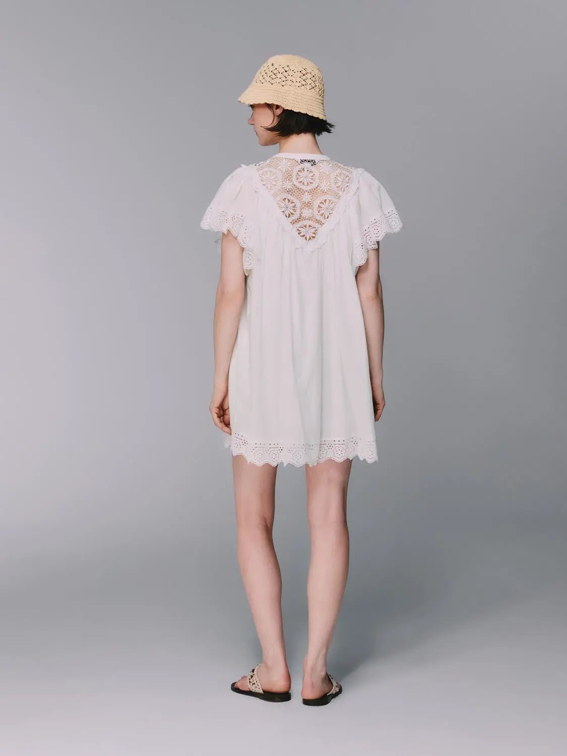Lace V Neck Tie Flutter Sleeve Scalloped Hem Mini Dress