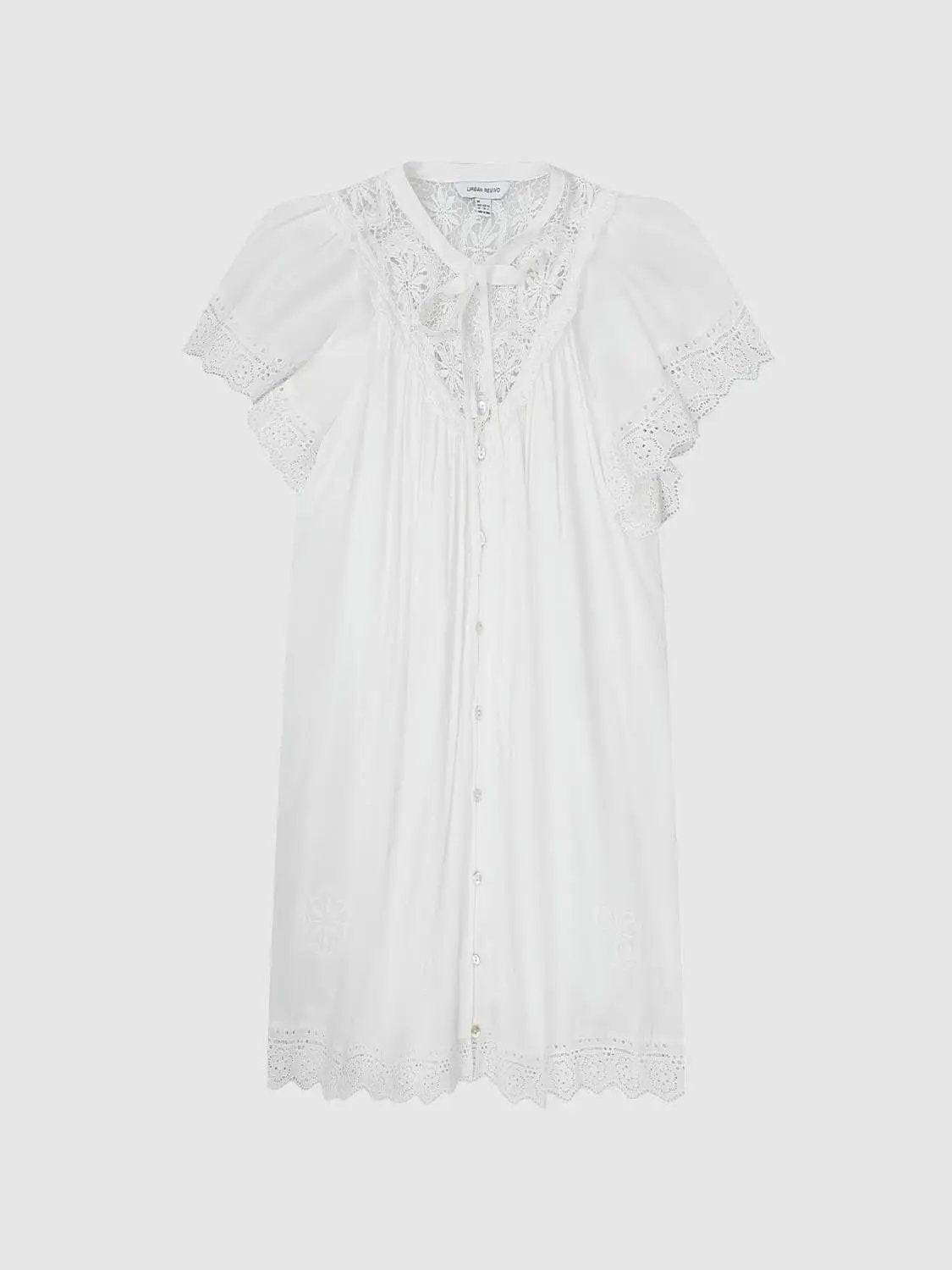 Lace V Neck Tie Flutter Sleeve Scalloped Hem Mini Dress