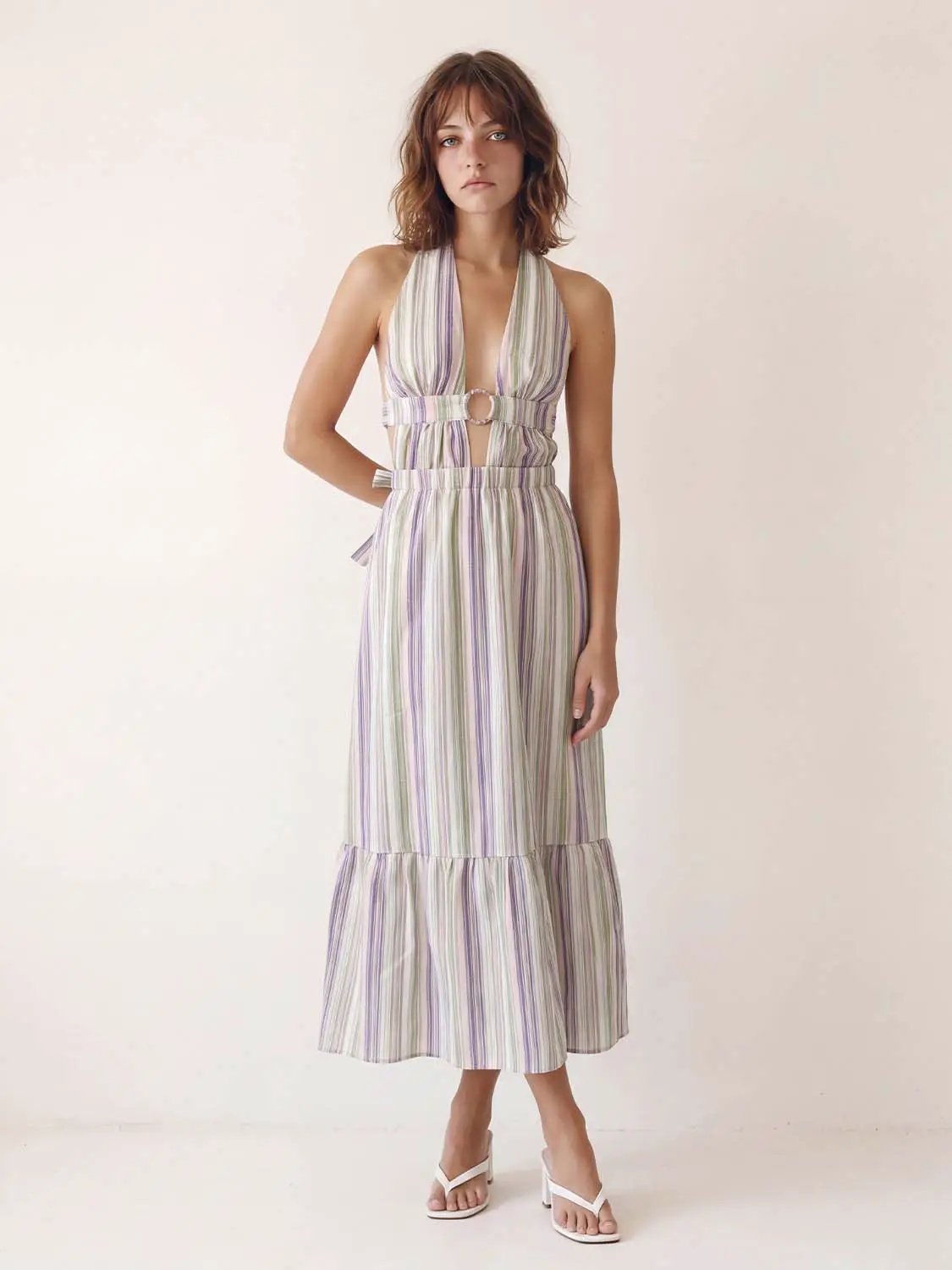 Striped V-neck Sleeveless Ruffle Maxi Dress