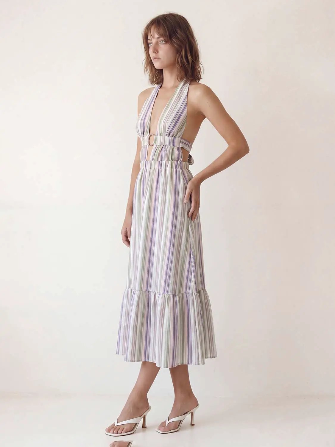 Striped V-neck Sleeveless Ruffle Maxi Dress