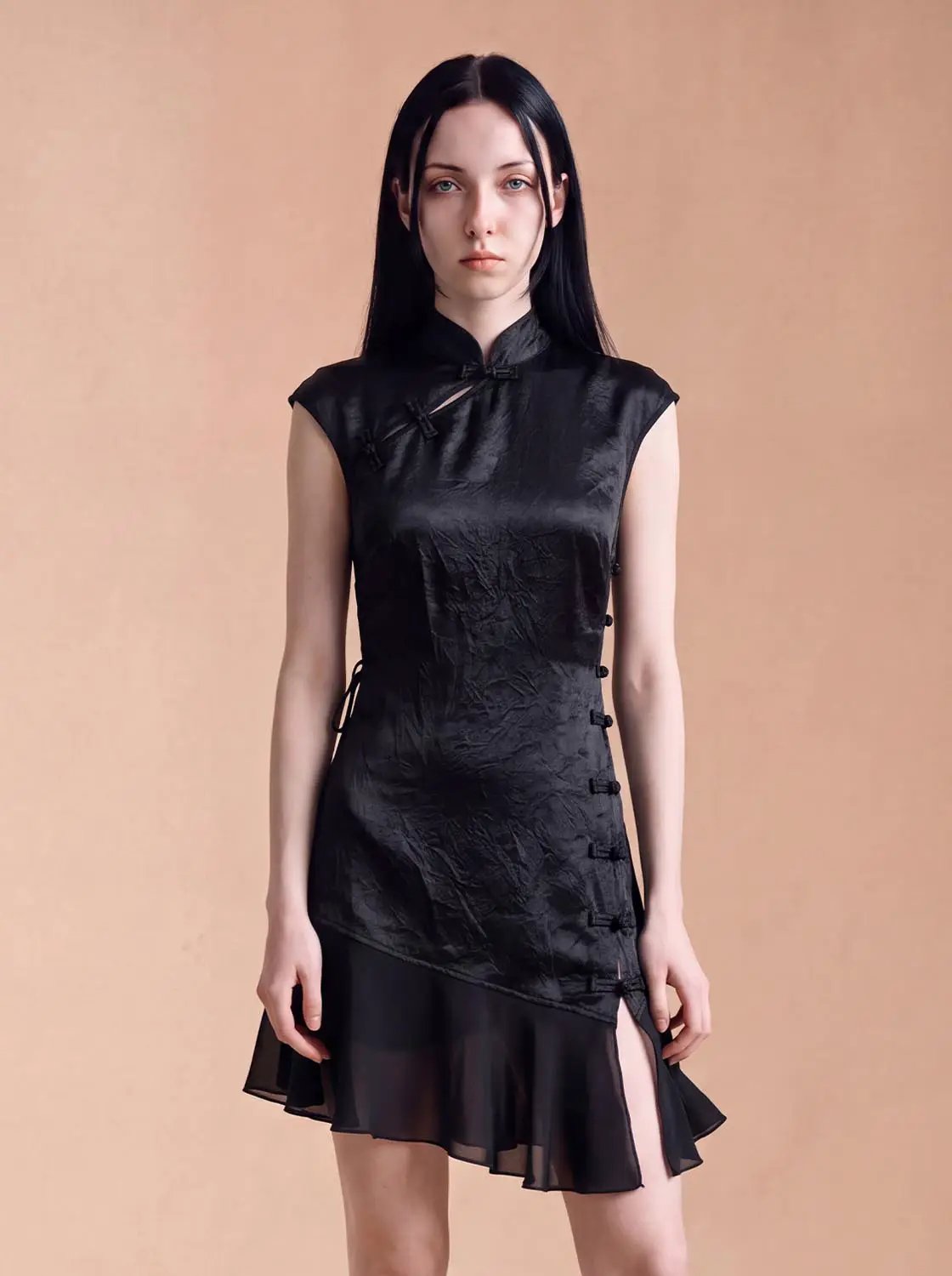 Textured Mandarin Collar Button Front Sleeveless Mini Dress