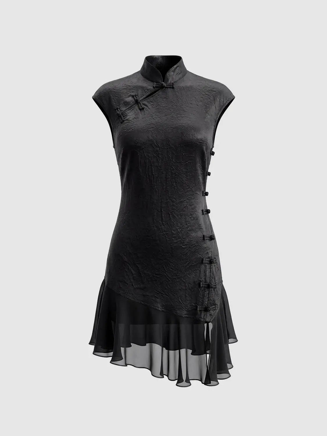 Textured Mandarin Collar Button Front Sleeveless Mini Dress
