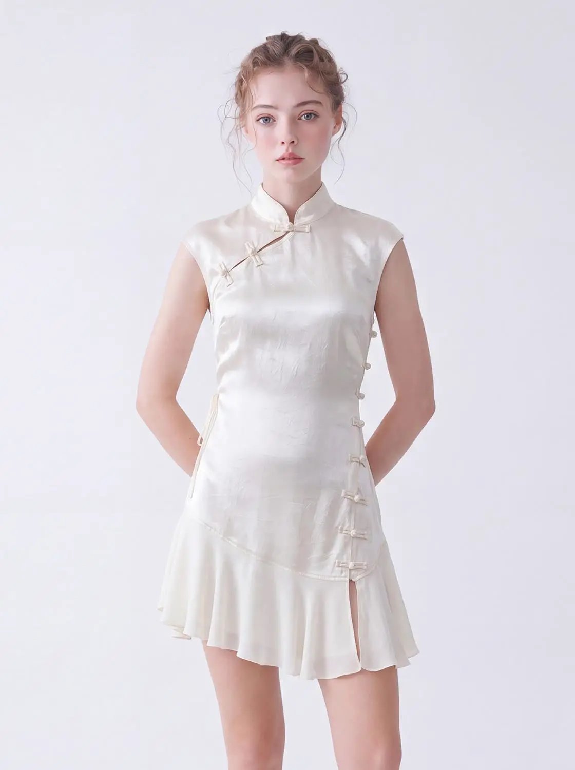 Textured Mandarin Collar Button Front Sleeveless Mini Dress