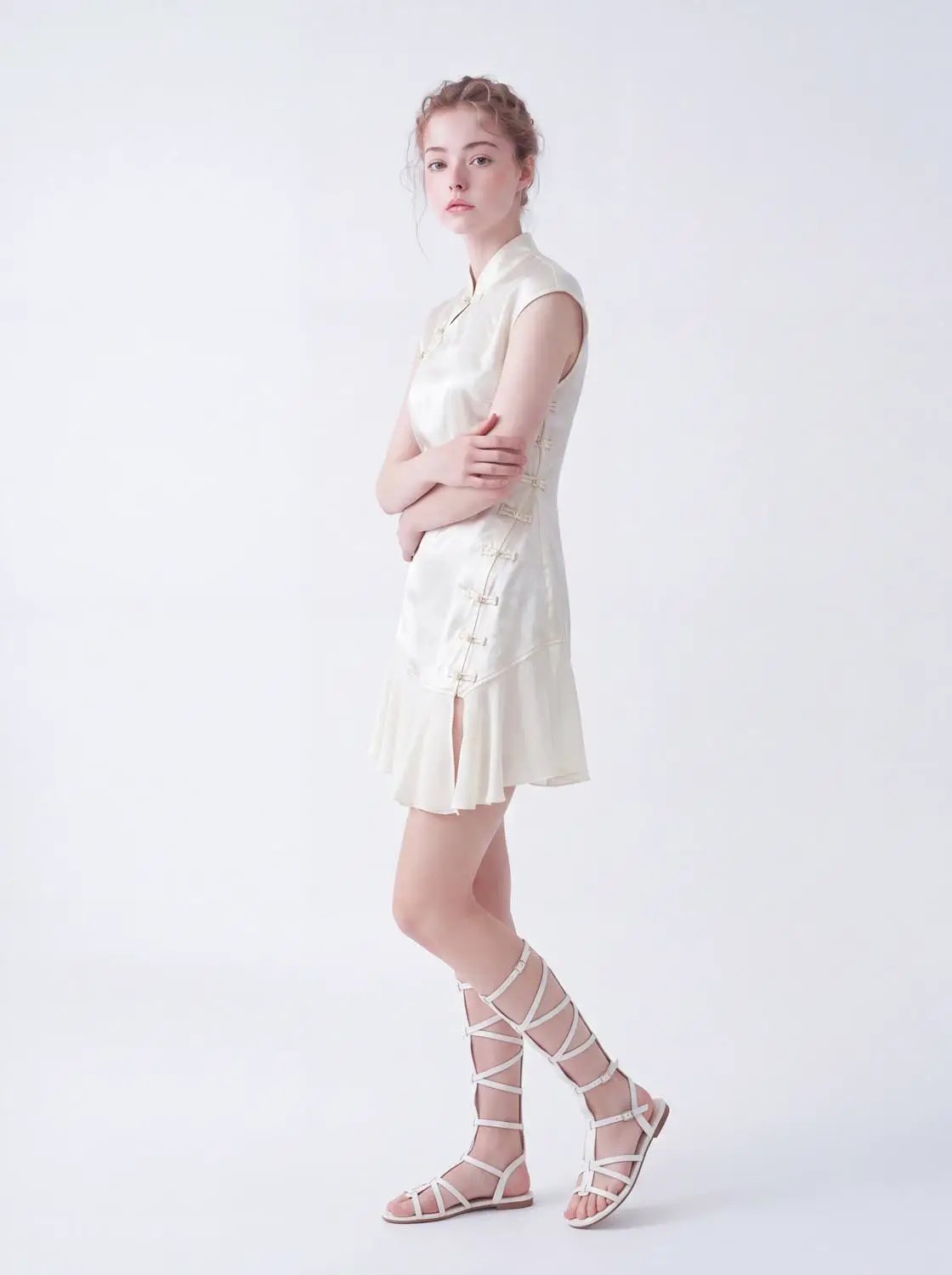 Textured Mandarin Collar Button Front Sleeveless Mini Dress