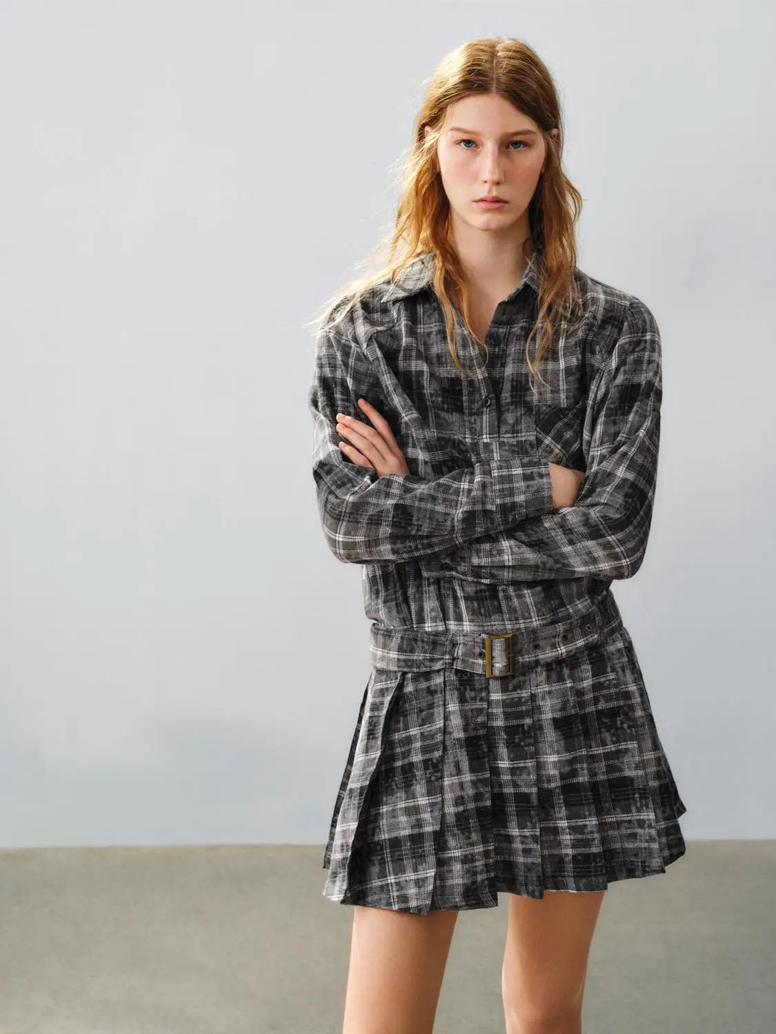 Checked Belted Pleated Shirt Collar Long Sleeve Mini Shirt Dress