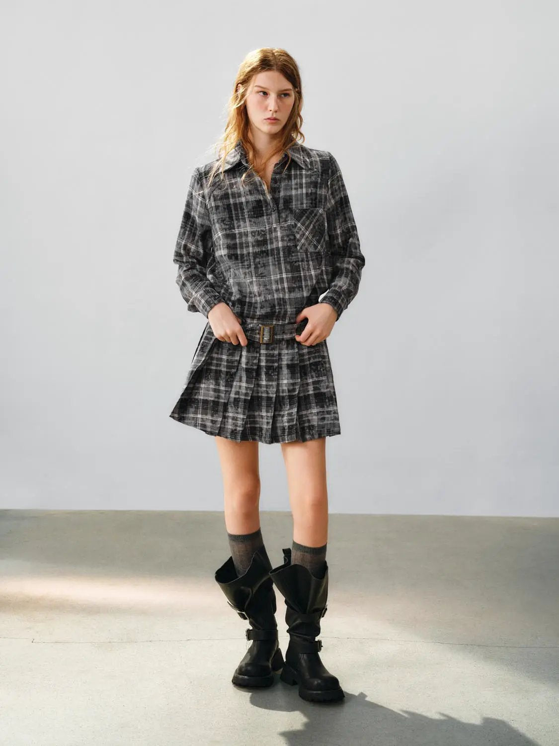 Checked Belted Pleated Shirt Collar Long Sleeve Mini Shirt Dress