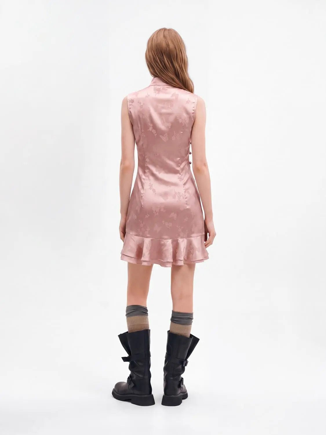 Floral Ruffle Fitted Mock Neck Sleeveless Mini Dress