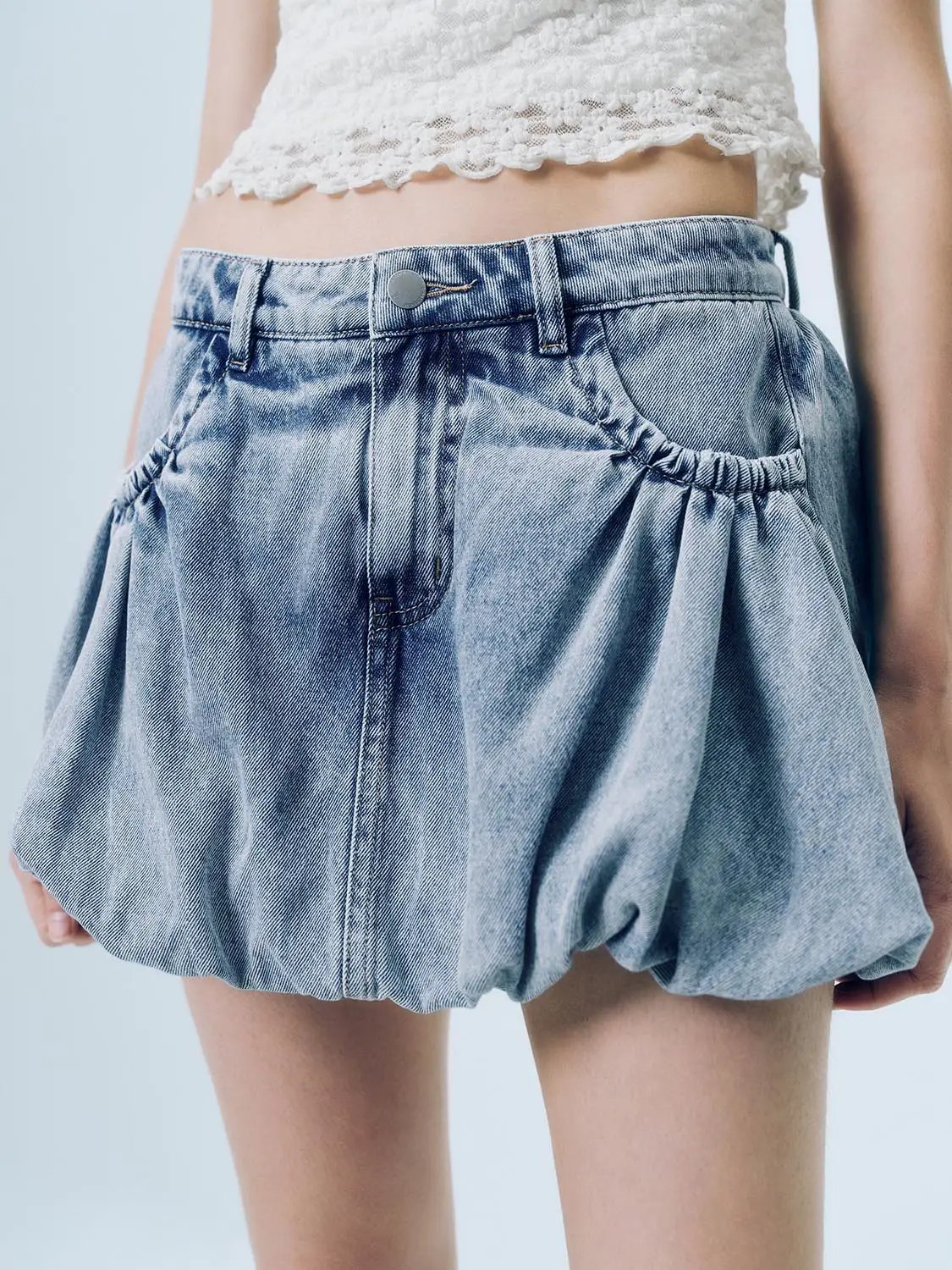 High Waist Side Pocket Bubble Hem Mini Cotton Denim Skirt