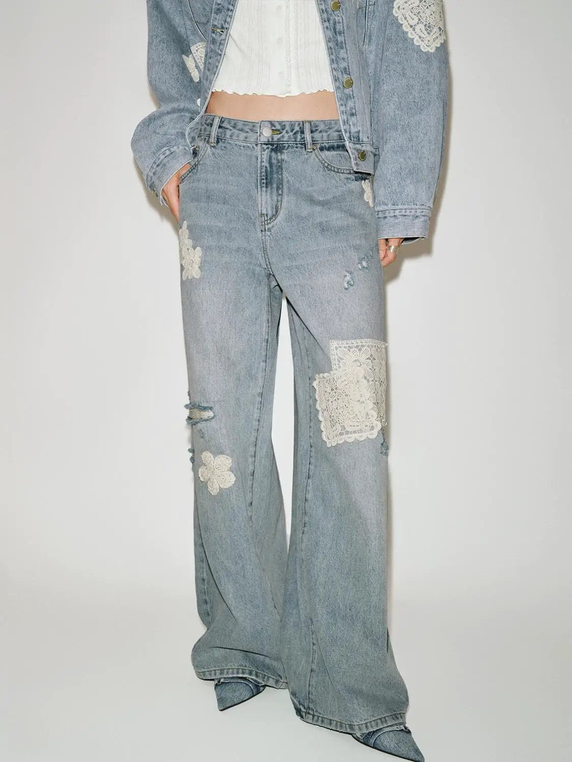 Distressed Lace Patch High Waist Wide-Leg Cotton Denim Jeans