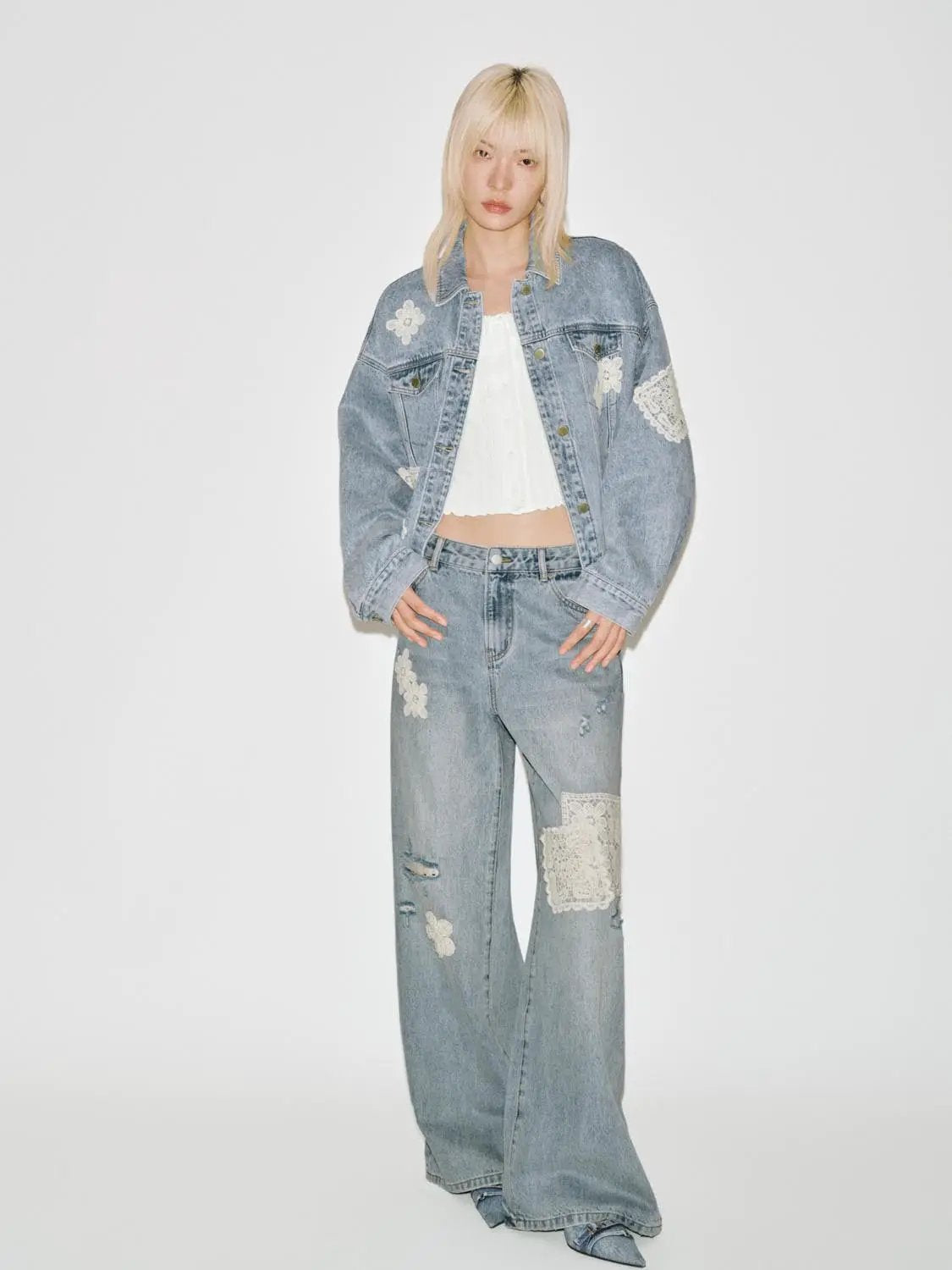 Distressed Lace Patch High Waist Wide-Leg Cotton Denim Jeans
