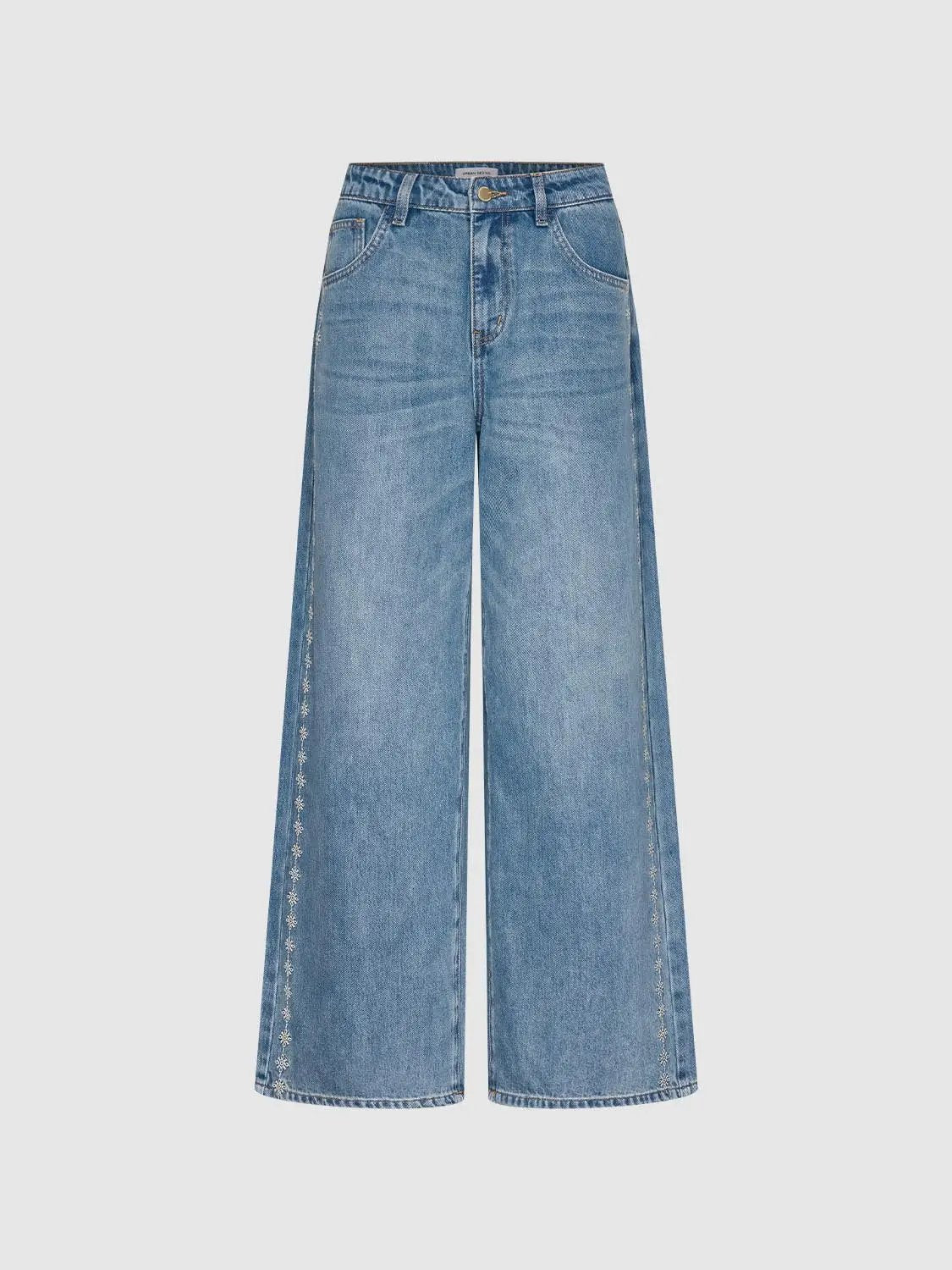 Side Embroidery Detail High Waist Wide Leg Denim Jeans