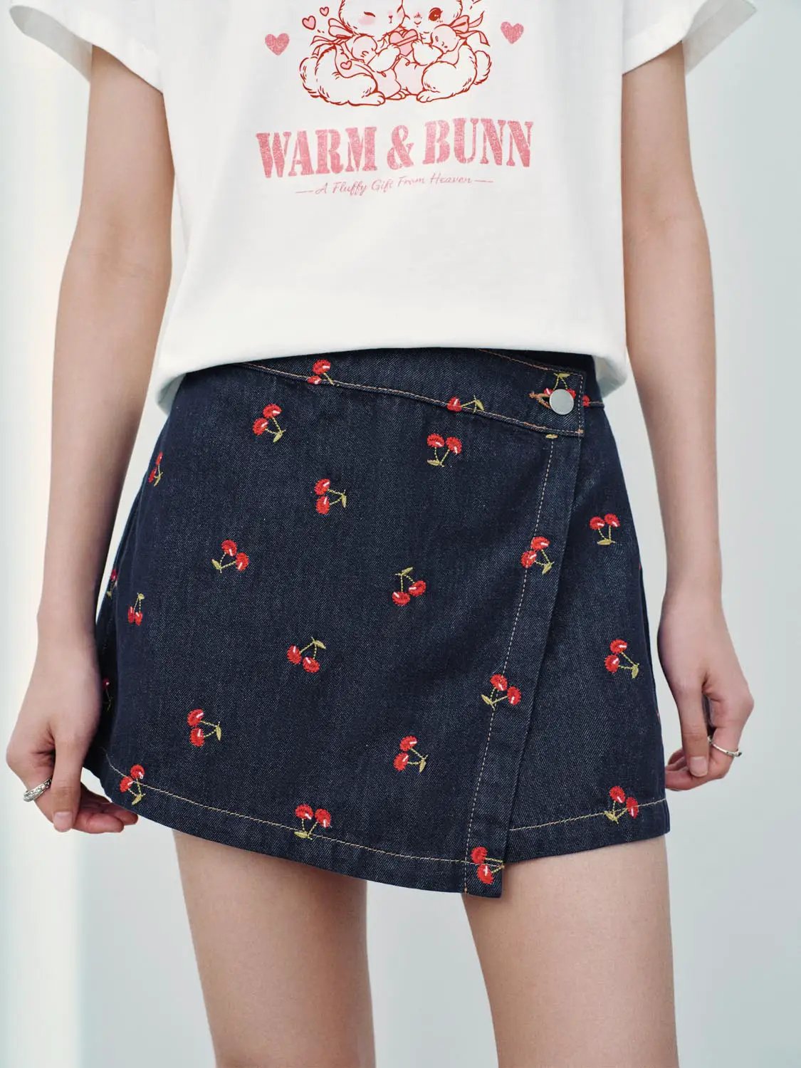 Embroidered Cherry Pattern Cotton High Waist Skort