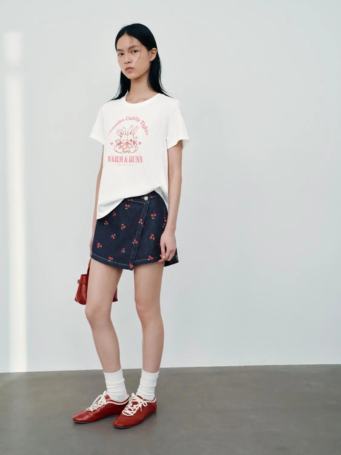 Embroidered Cherry Pattern Cotton High Waist Skort