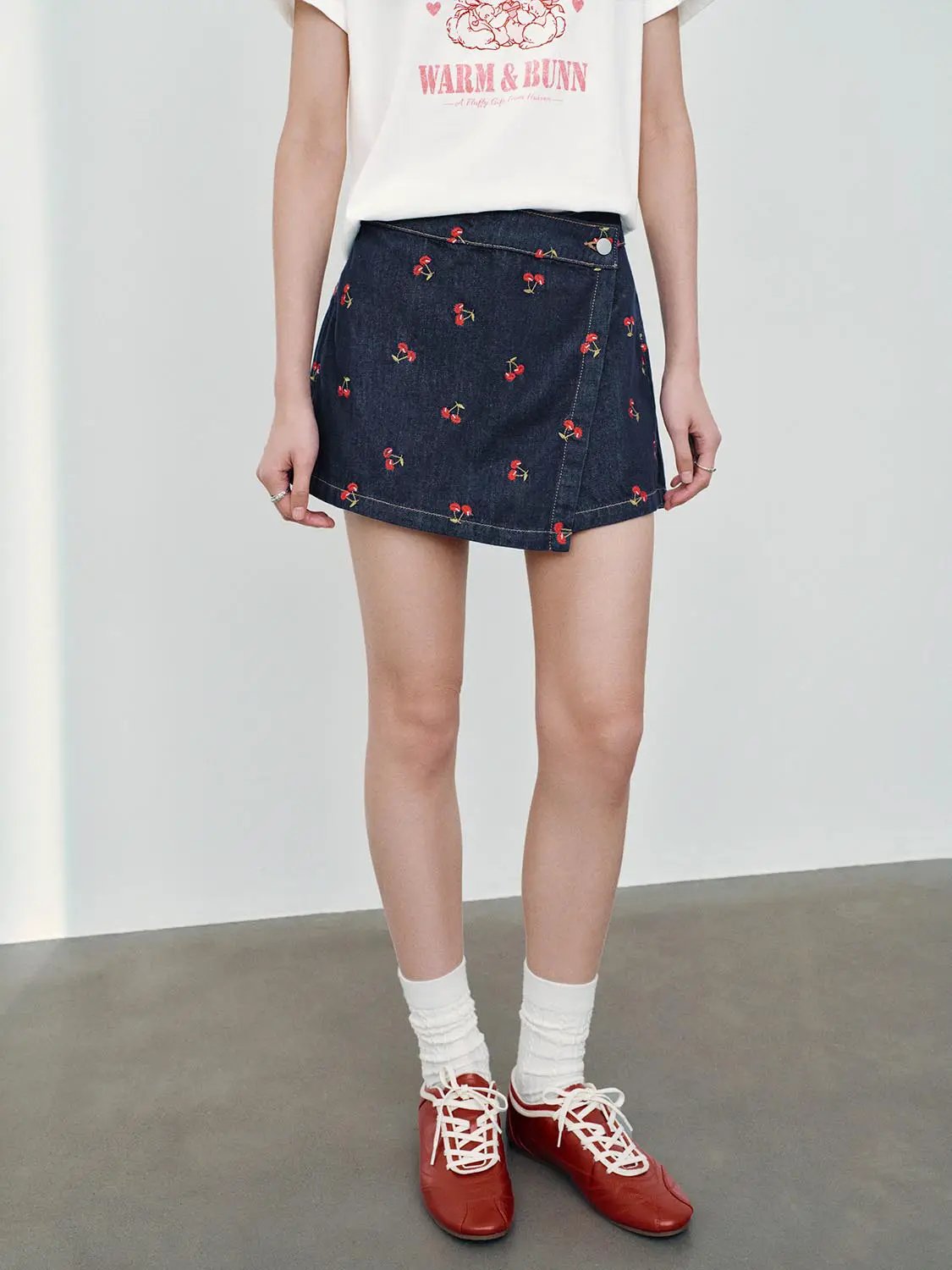 Embroidered Cherry Pattern Cotton High Waist Skort