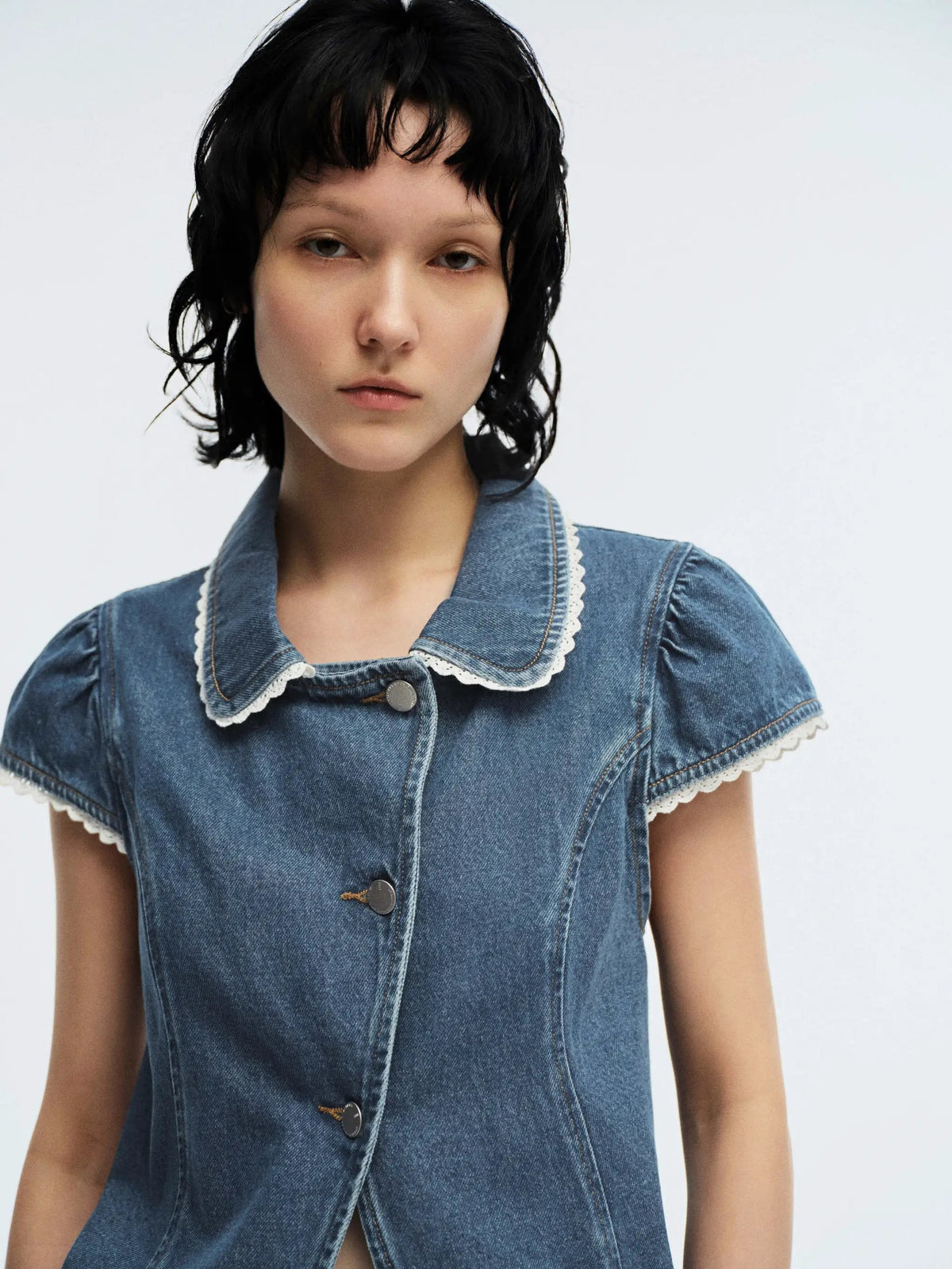 Peter Pan Collar Lace Trim Fit Cotton Cap Sleeve Denim Shirt