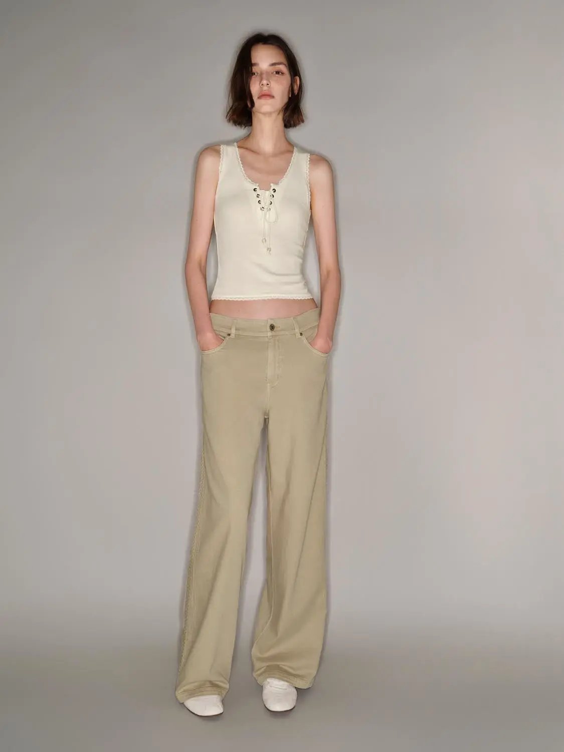 Side Stitch High-waisted Cotton Blend Wide-leg Pants