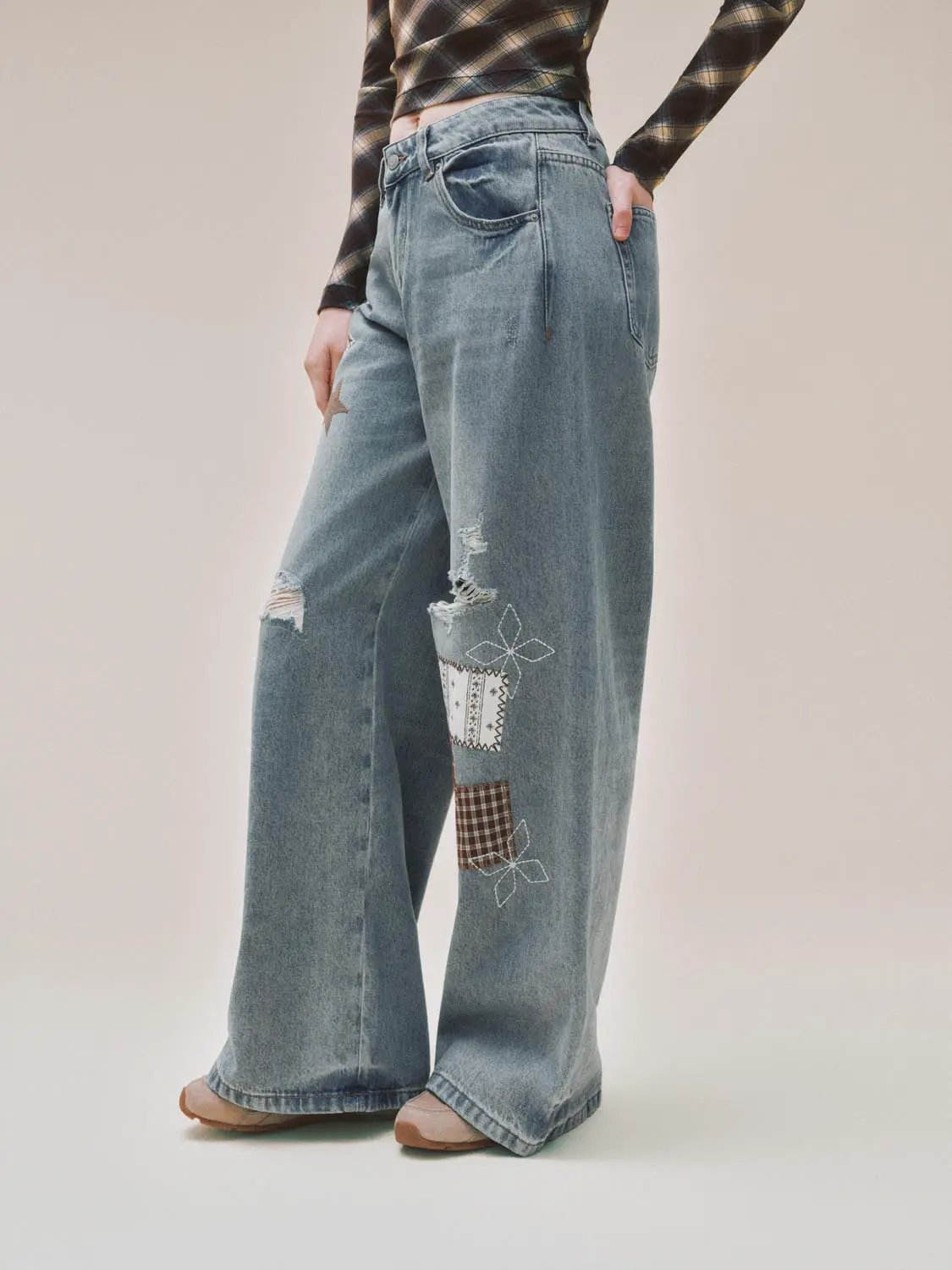 Patchwork Ripped Wide-leg Low-rise Cotton Jeans