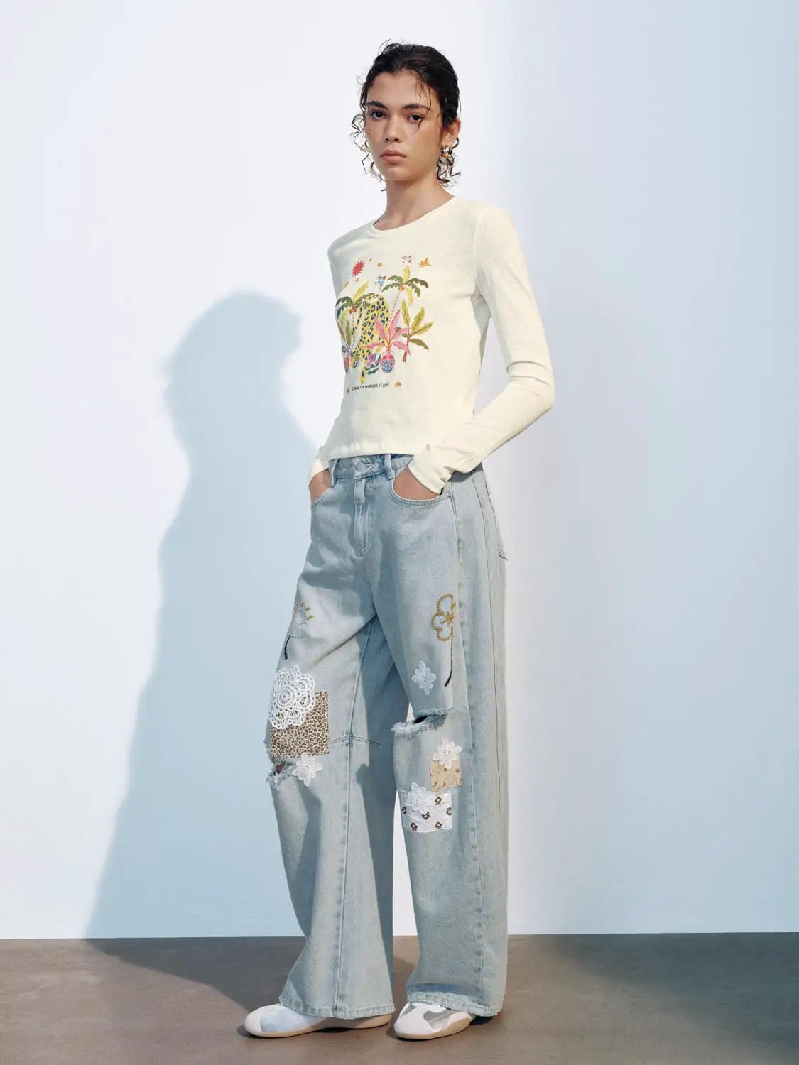 Embroidered Patchwork Ripped Cotton Wide-leg Jeans