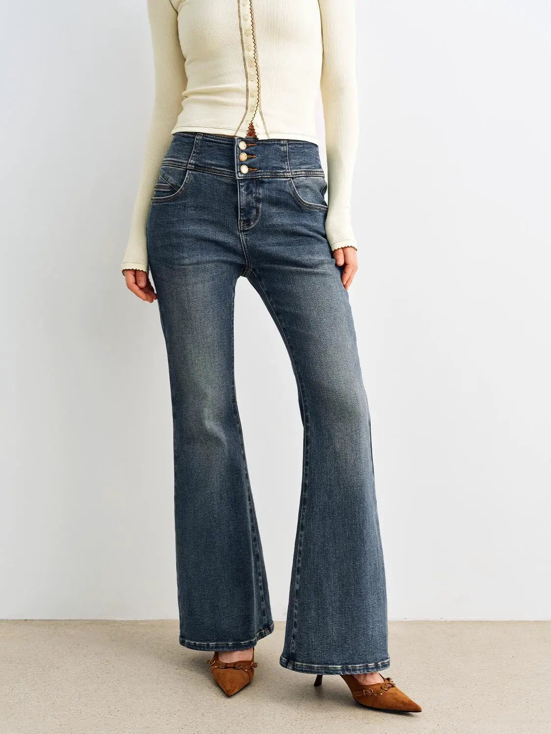Vintage High-waisted Button Fly Flared Cotton Blend Jeans