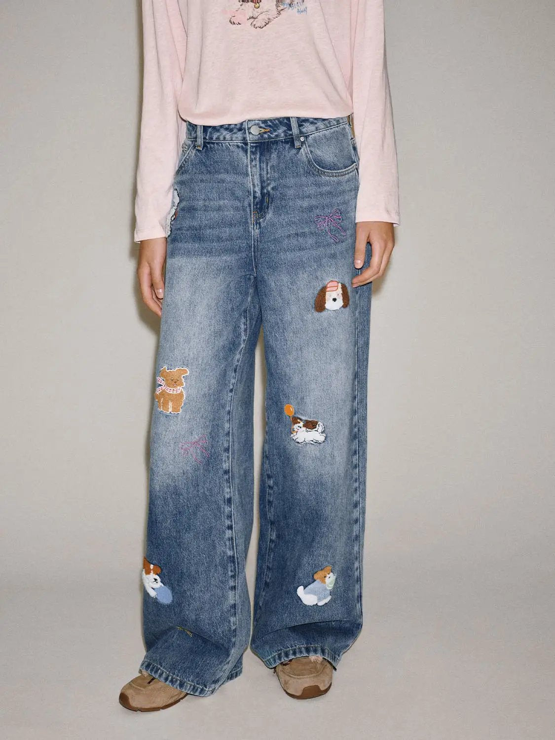 Embroidered Animal Wide-leg High-waisted Cotton Jeans